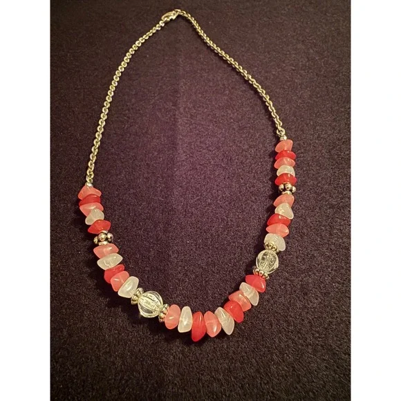 Coral Pink Frosted Glass Chip Beaded Avon Necklace Slvr Tone Chain Lobster Clasp - Picture 1 of 3